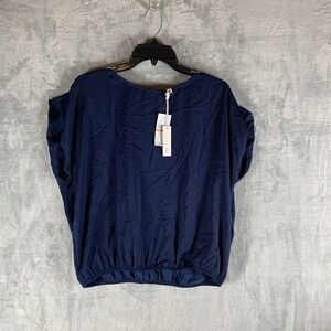 Fever Women's Blouse Top Medieval Blue Scoop Short Sleeve S‎ Elastic Waist NWT